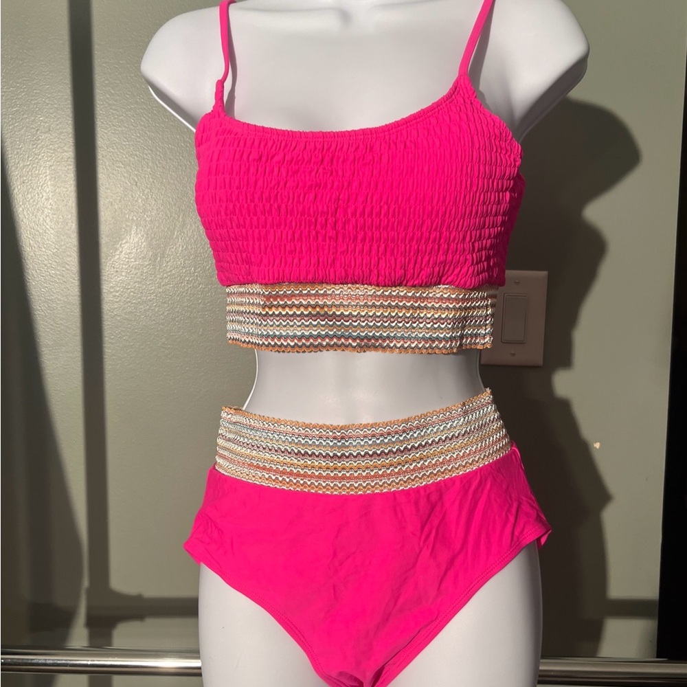 NWOT Hot Pink Two-Piece Swimsuit with Striped Waistband  MEDIUM 10/12